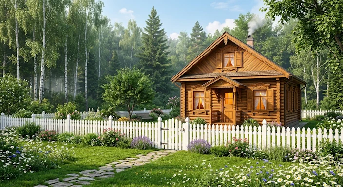Сказочный домик за белым забором